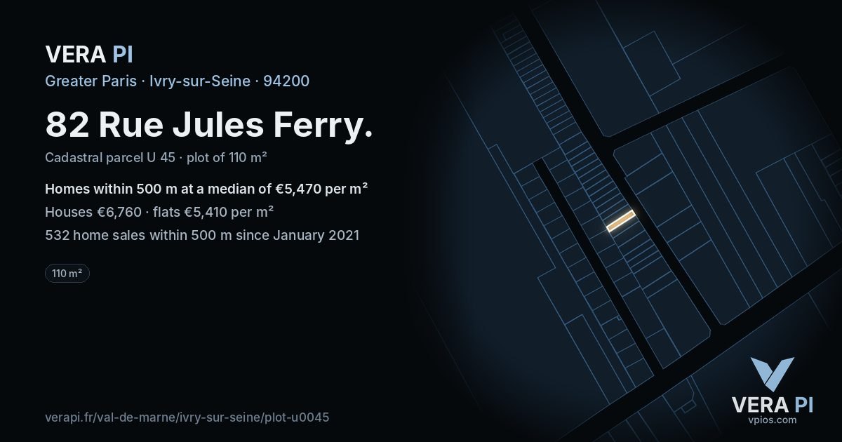 82 Rue Jules Ferry, Ivry-sur-Seine at night – the plot lit, the parcels around coloured by the prices near them