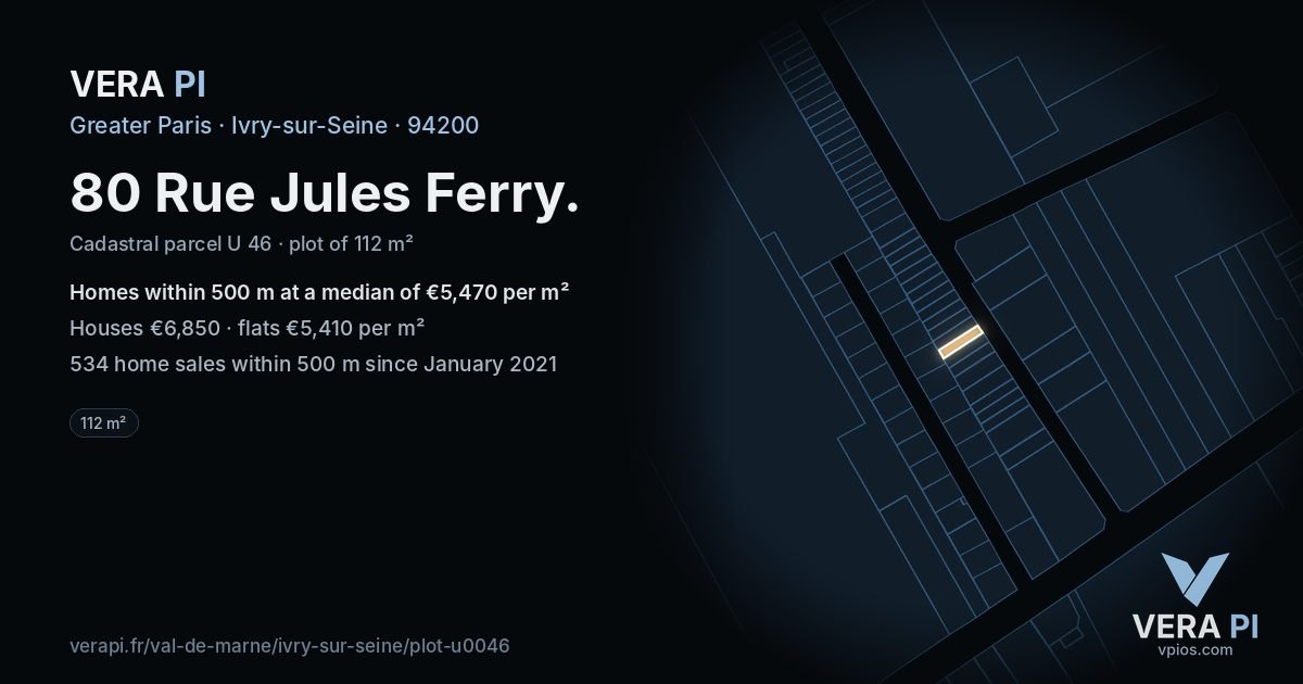 80 Rue Jules Ferry, Ivry-sur-Seine at night – the plot lit, the parcels around coloured by the prices near them