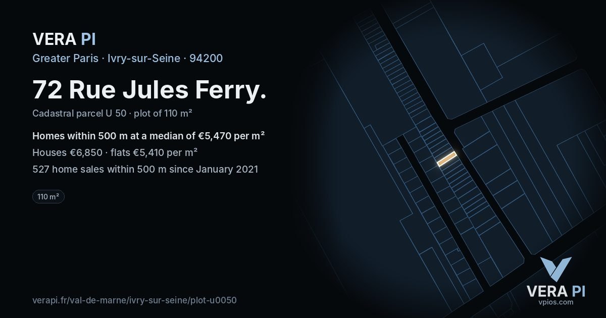 72 Rue Jules Ferry, Ivry-sur-Seine at night – the plot lit, the parcels around coloured by the prices near them