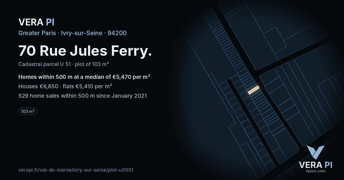 70 Rue Jules Ferry, Ivry-sur-Seine at night – the plot lit, the parcels around coloured by the prices near them