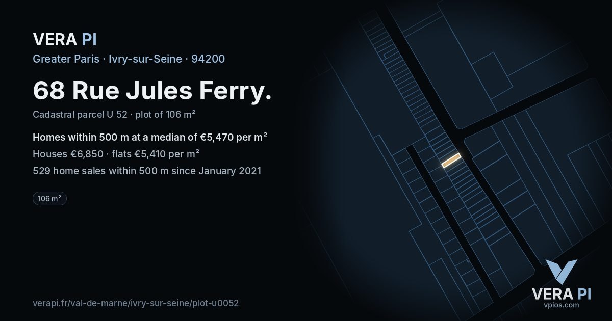 68 Rue Jules Ferry, Ivry-sur-Seine at night – the plot lit, the parcels around coloured by the prices near them