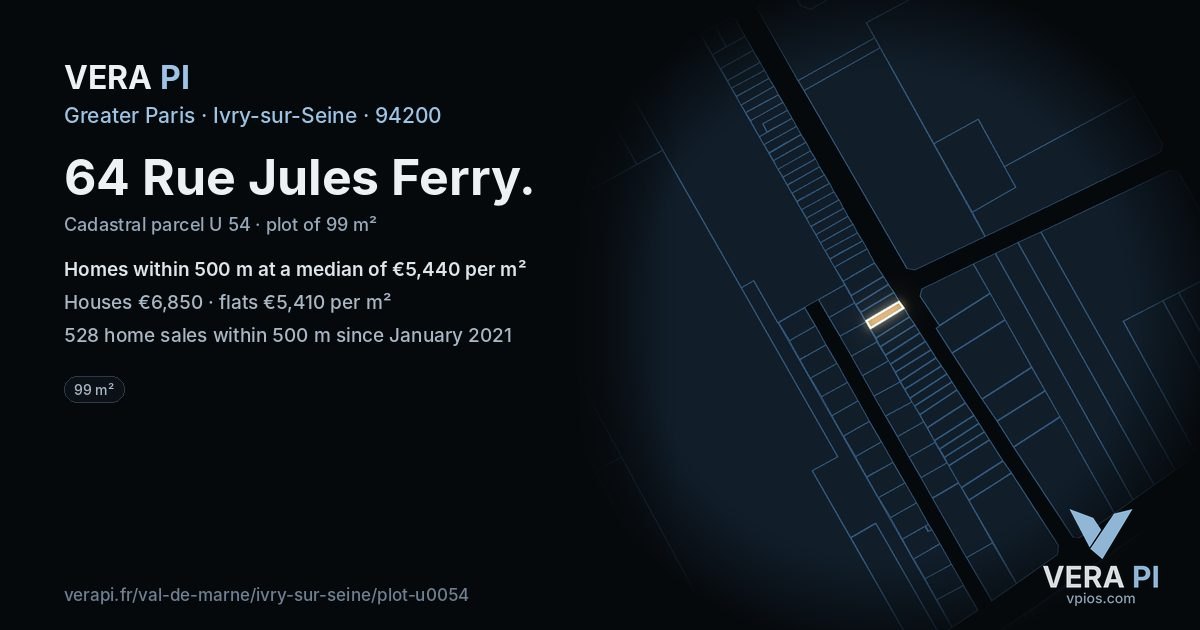 64 Rue Jules Ferry, Ivry-sur-Seine at night – the plot lit, the parcels around coloured by the prices near them