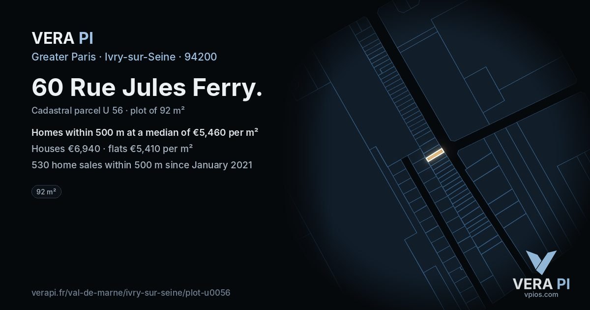 60 Rue Jules Ferry, Ivry-sur-Seine at night – the plot lit, the parcels around coloured by the prices near them