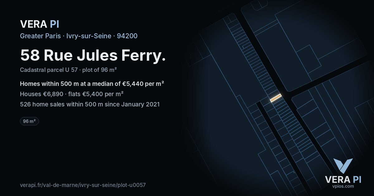 58 Rue Jules Ferry, Ivry-sur-Seine at night – the plot lit, the parcels around coloured by the prices near them