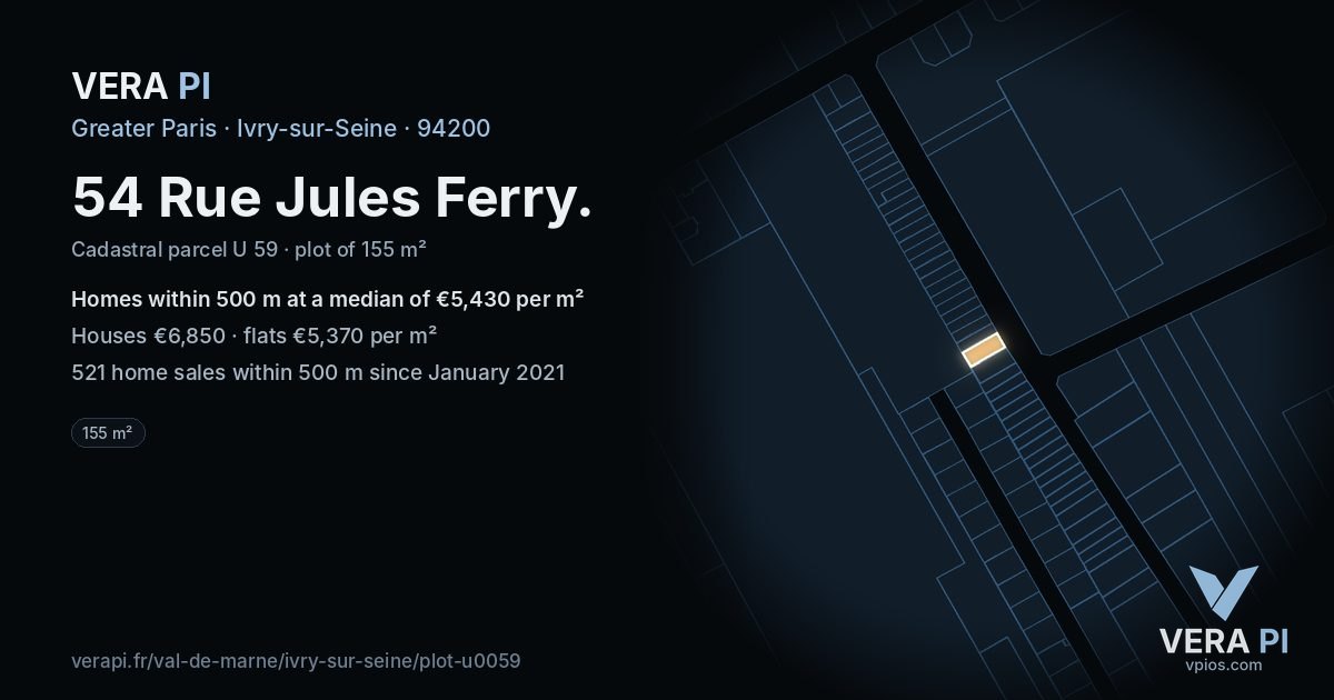 54 Rue Jules Ferry, Ivry-sur-Seine at night – the plot lit, the parcels around coloured by the prices near them