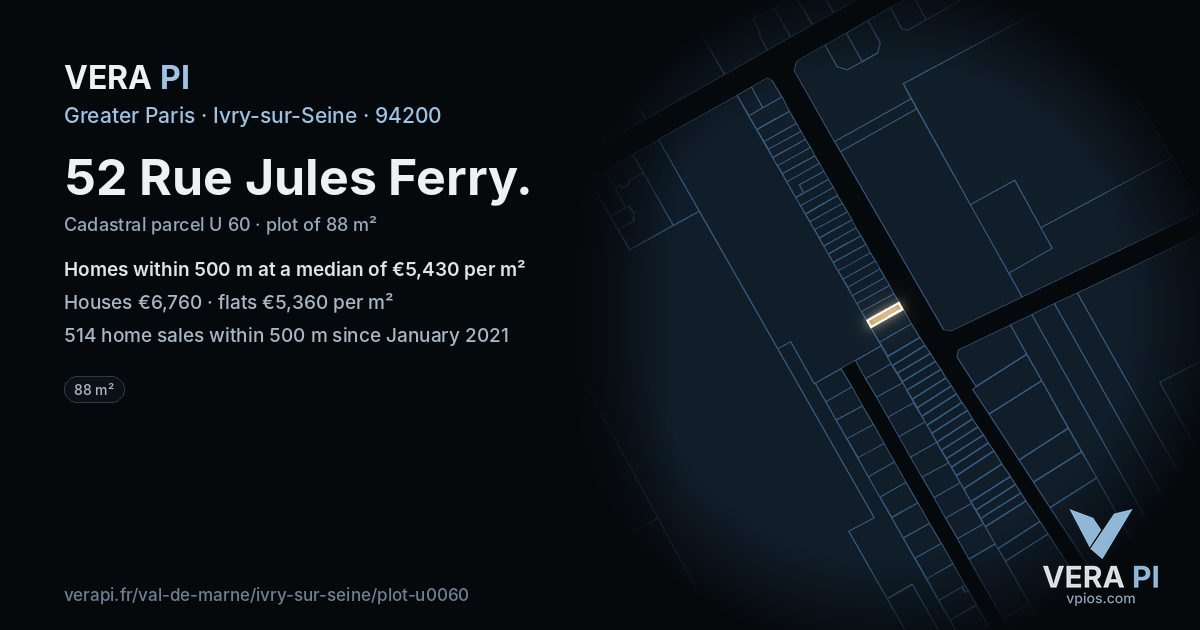 52 Rue Jules Ferry, Ivry-sur-Seine at night – the plot lit, the parcels around coloured by the prices near them