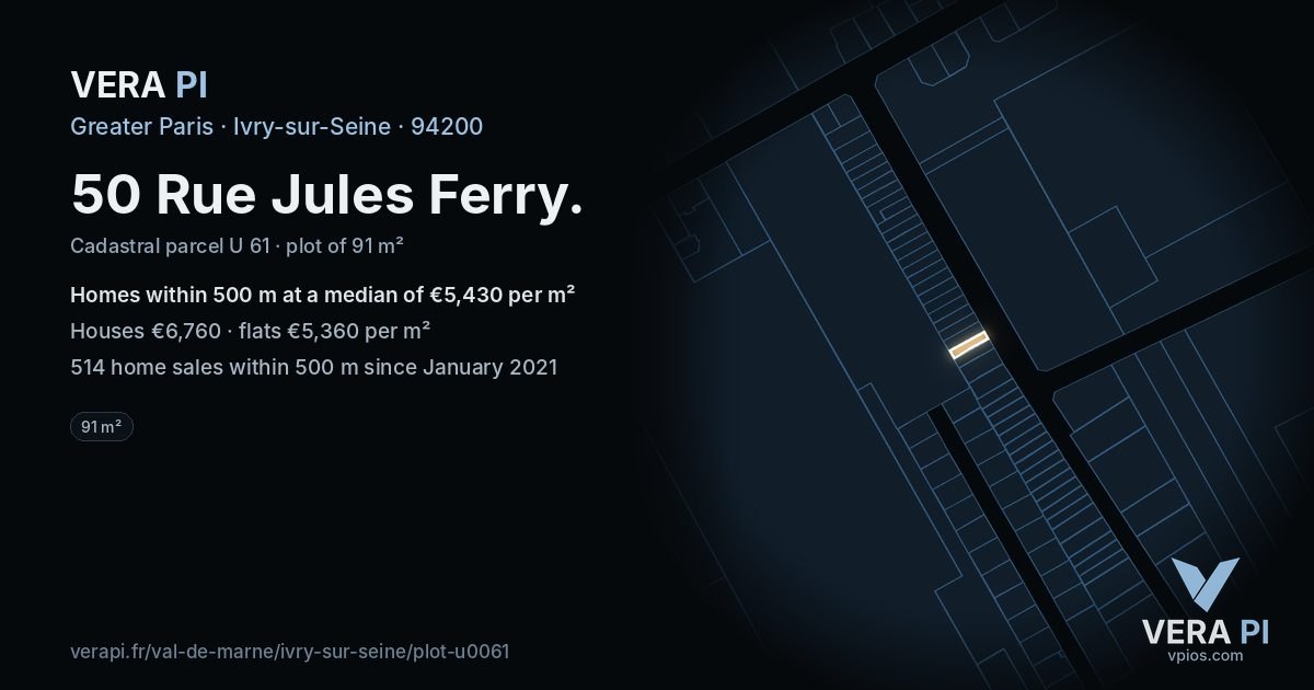 50 Rue Jules Ferry, Ivry-sur-Seine at night – the plot lit, the parcels around coloured by the prices near them