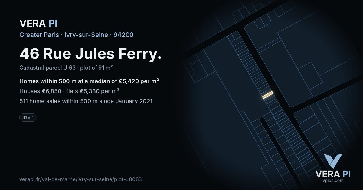 46 Rue Jules Ferry, Ivry-sur-Seine at night – the plot lit, the parcels around coloured by the prices near them