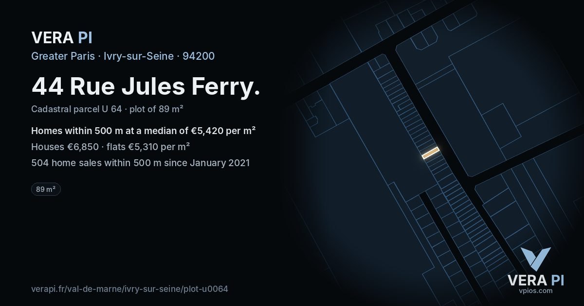 44 Rue Jules Ferry, Ivry-sur-Seine at night – the plot lit, the parcels around coloured by the prices near them