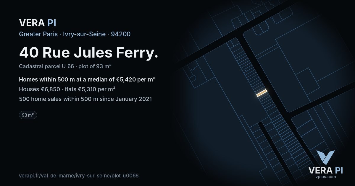40 Rue Jules Ferry, Ivry-sur-Seine at night – the plot lit, the parcels around coloured by the prices near them