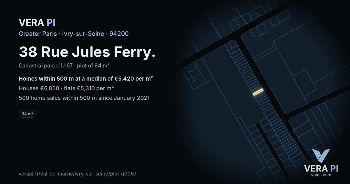 38 Rue Jules Ferry, Ivry-sur-Seine at night – the plot lit, the parcels around coloured by the prices near them
