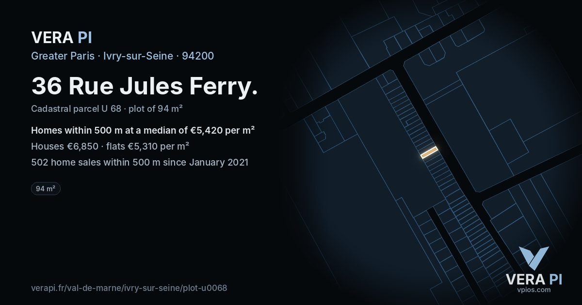 36 Rue Jules Ferry, Ivry-sur-Seine at night – the plot lit, the parcels around coloured by the prices near them