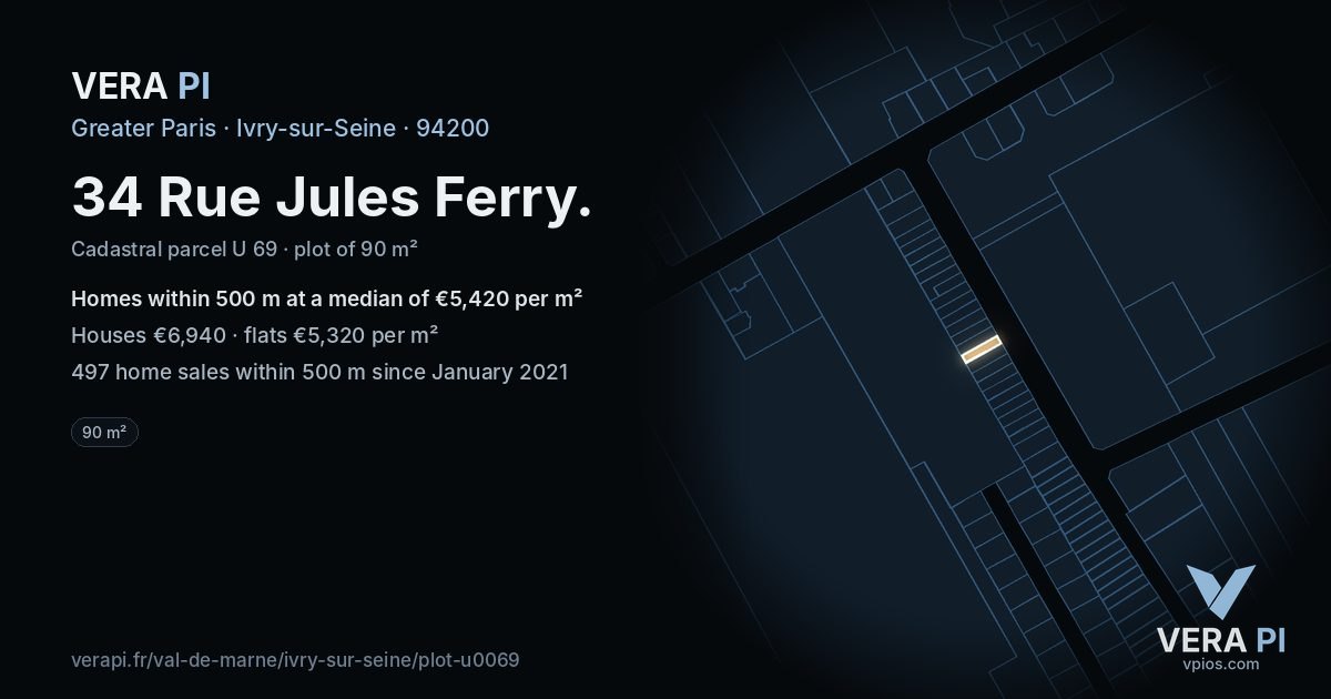34 Rue Jules Ferry, Ivry-sur-Seine at night – the plot lit, the parcels around coloured by the prices near them