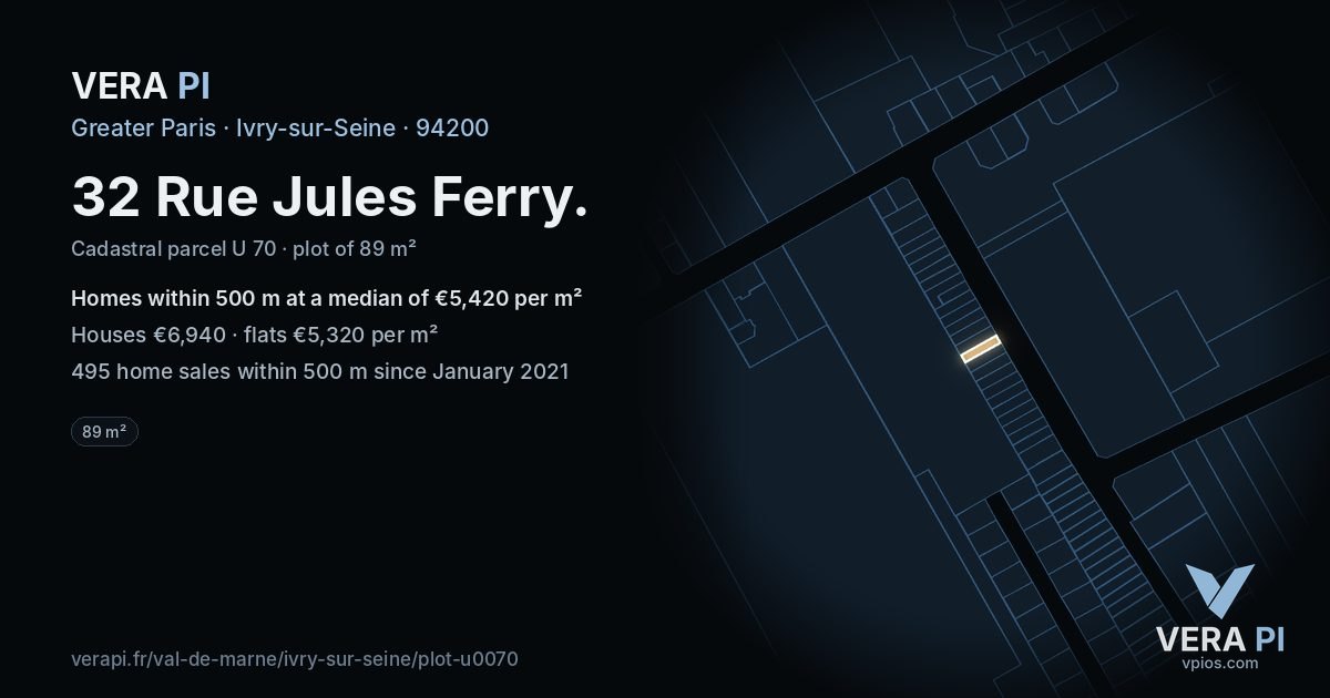 32 Rue Jules Ferry, Ivry-sur-Seine at night – the plot lit, the parcels around coloured by the prices near them