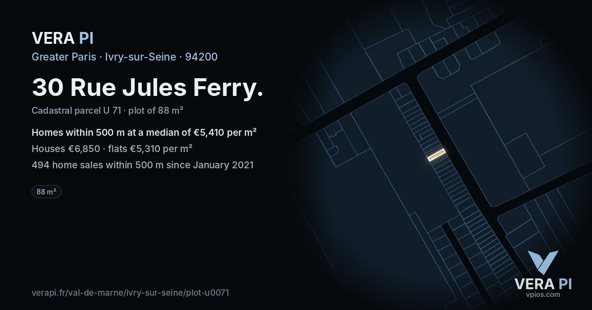 30 Rue Jules Ferry, Ivry-sur-Seine at night – the plot lit, the parcels around coloured by the prices near them