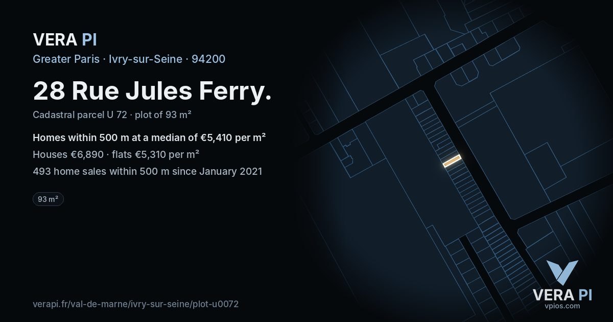 28 Rue Jules Ferry, Ivry-sur-Seine at night – the plot lit, the parcels around coloured by the prices near them