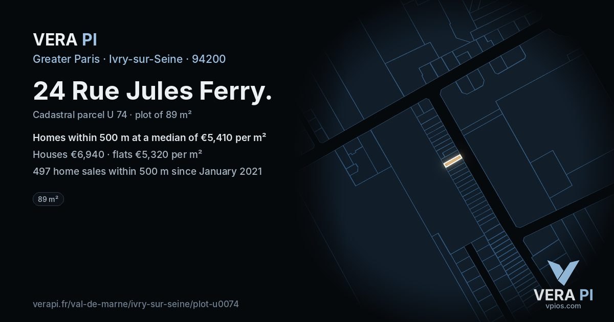 24 Rue Jules Ferry, Ivry-sur-Seine at night – the plot lit, the parcels around coloured by the prices near them