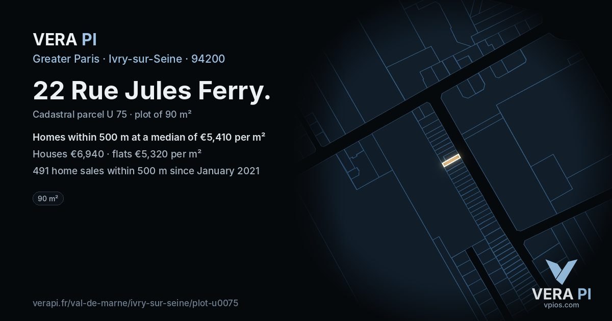 22 Rue Jules Ferry, Ivry-sur-Seine at night – the plot lit, the parcels around coloured by the prices near them