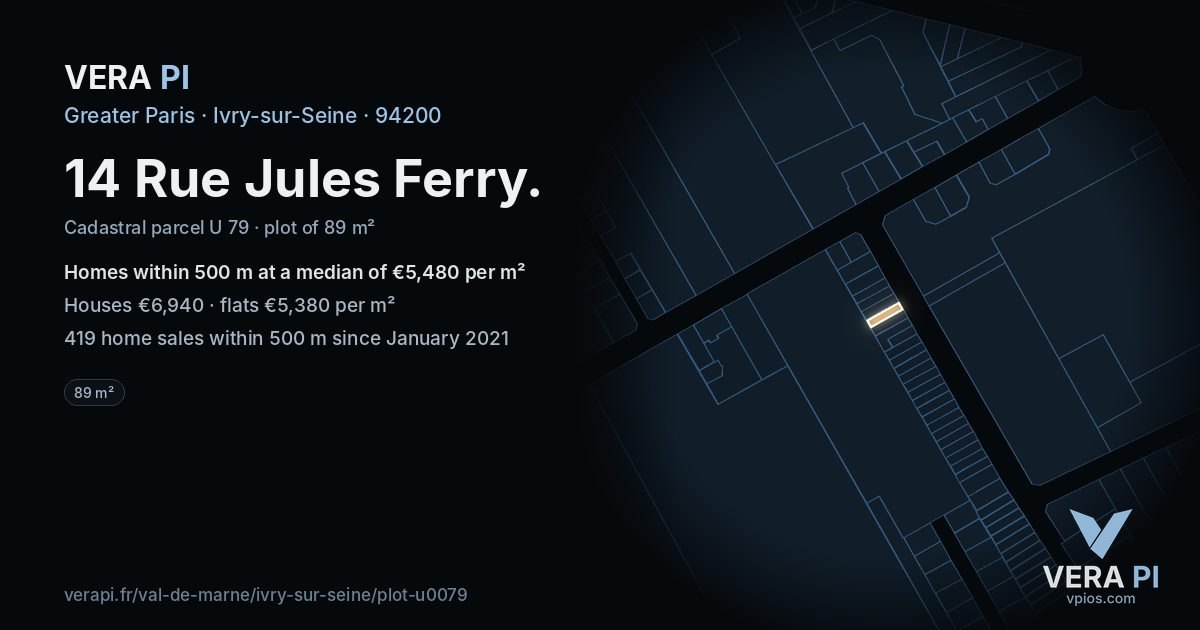 14 Rue Jules Ferry, Ivry-sur-Seine at night – the plot lit, the parcels around coloured by the prices near them