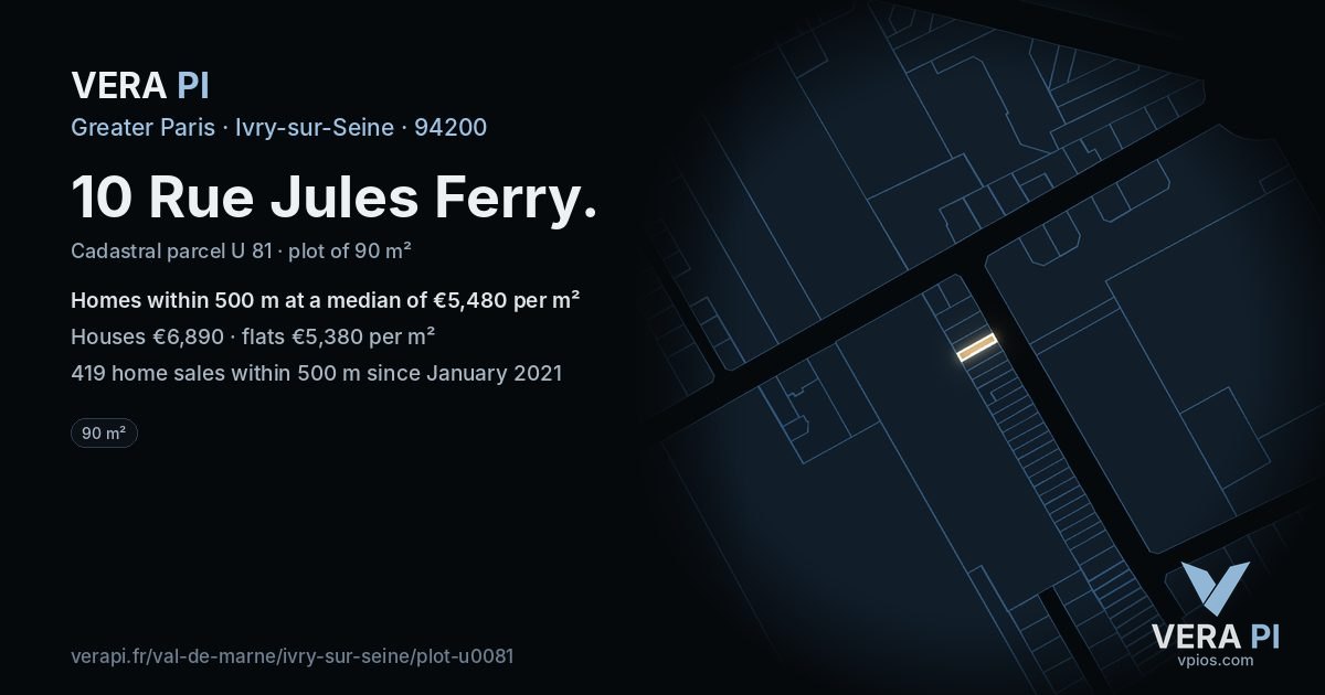 10 Rue Jules Ferry, Ivry-sur-Seine at night – the plot lit, the parcels around coloured by the prices near them