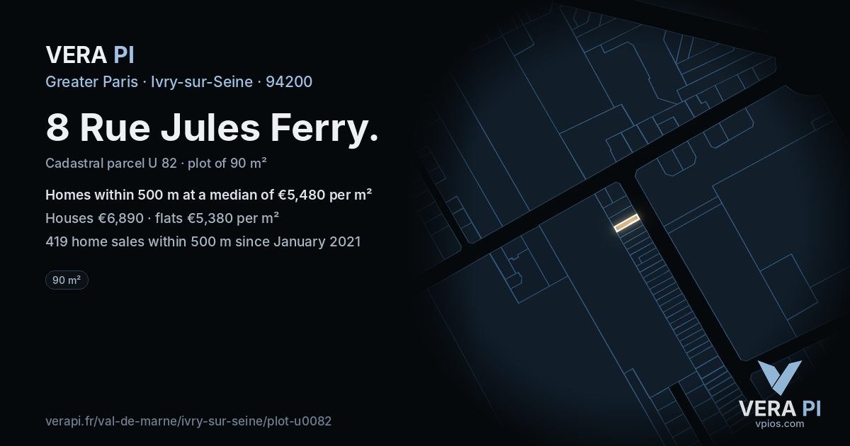8 Rue Jules Ferry, Ivry-sur-Seine at night – the plot lit, the parcels around coloured by the prices near them