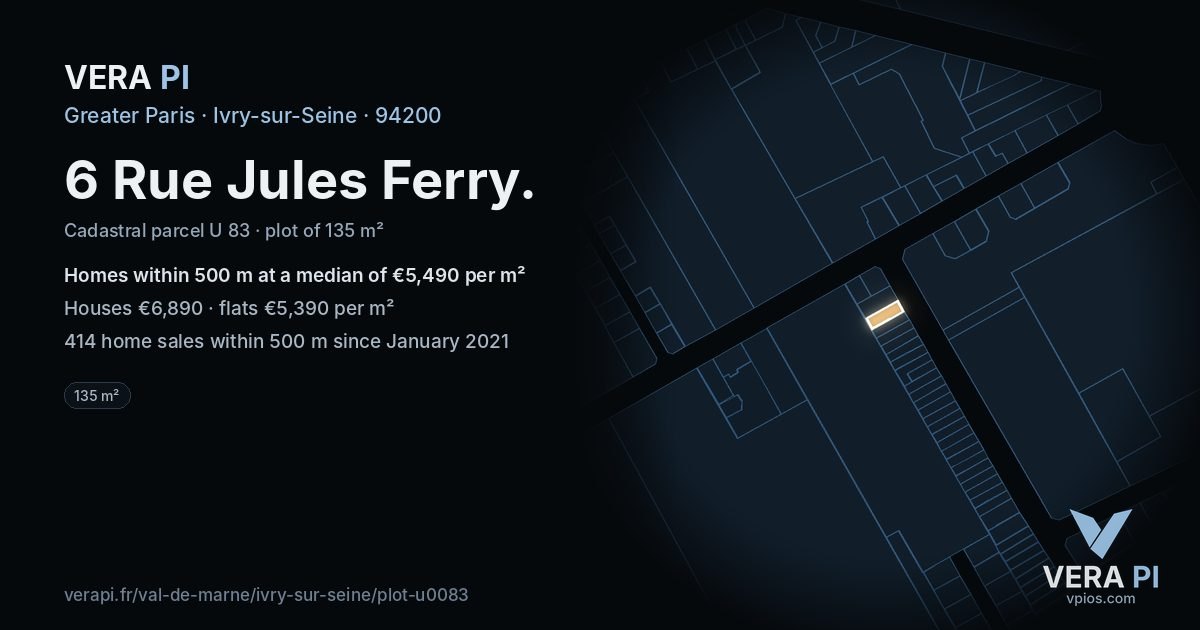 6 Rue Jules Ferry, Ivry-sur-Seine at night – the plot lit, the parcels around coloured by the prices near them