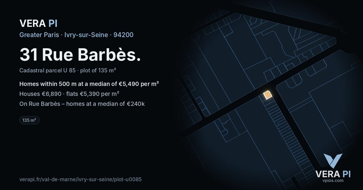 31 Rue Barbès, Ivry-sur-Seine at night – the plot lit, the parcels around coloured by the prices near them
