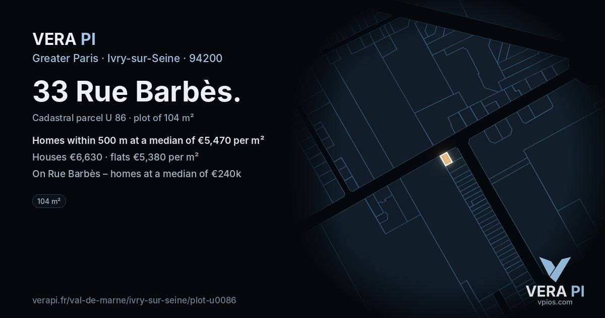 33 Rue Barbès, Ivry-sur-Seine at night – the plot lit, the parcels around coloured by the prices near them