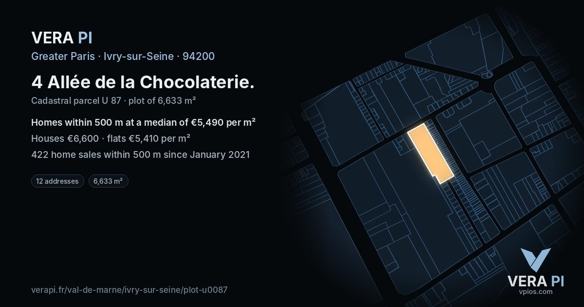 4 Allée de la Chocolaterie, Ivry-sur-Seine at night – the plot lit, the parcels around coloured by the prices near them