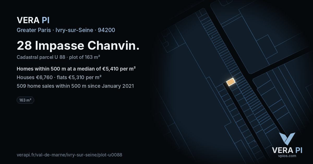 28 Impasse Chanvin, Ivry-sur-Seine at night – the plot lit, the parcels around coloured by the prices near them