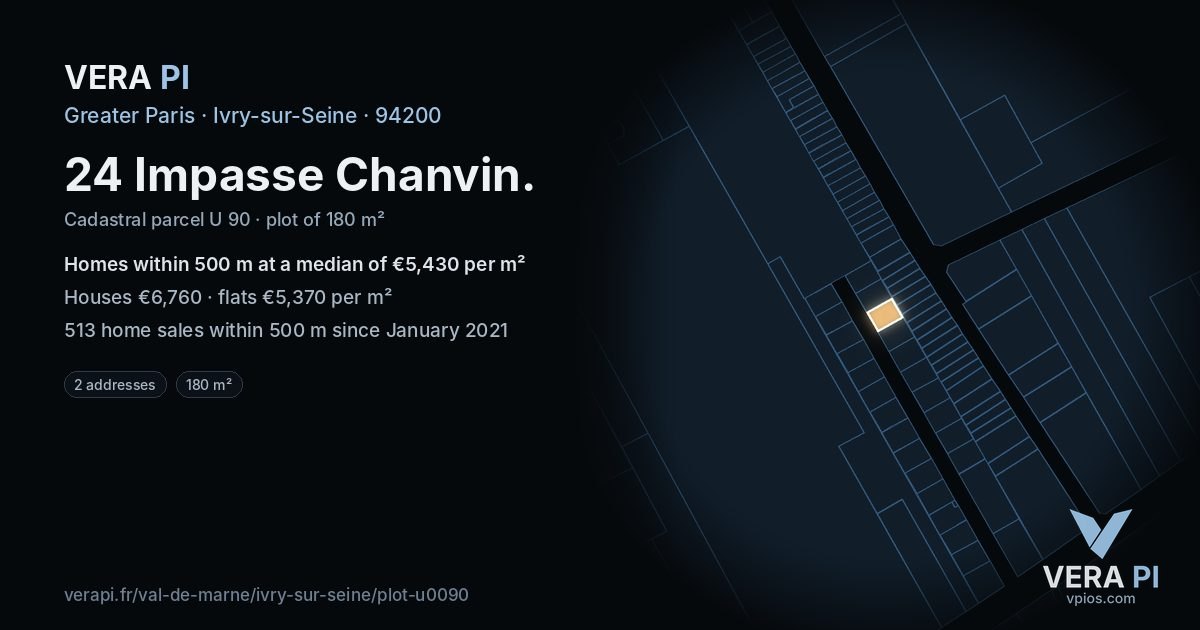 24 Impasse Chanvin, Ivry-sur-Seine at night – the plot lit, the parcels around coloured by the prices near them