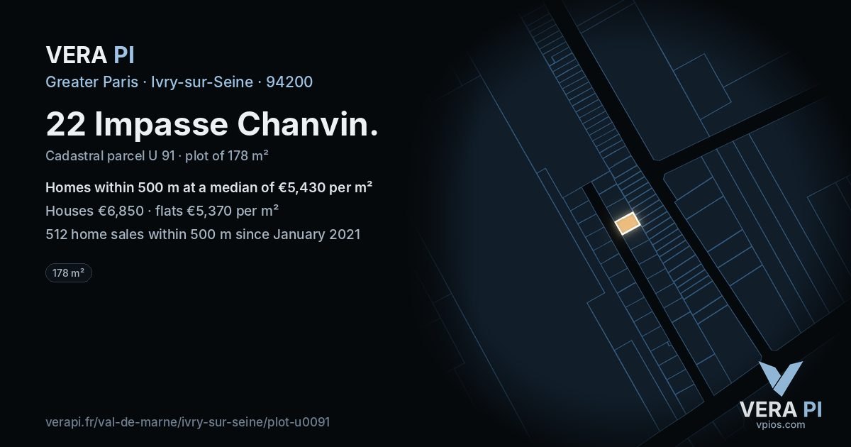 22 Impasse Chanvin, Ivry-sur-Seine at night – the plot lit, the parcels around coloured by the prices near them