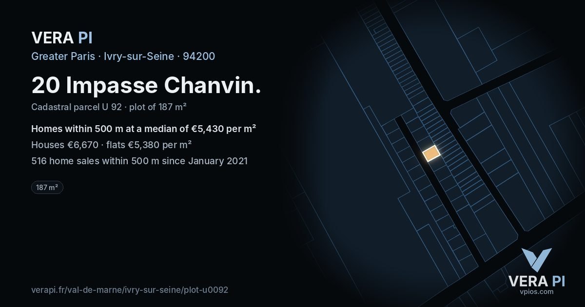 20 Impasse Chanvin, Ivry-sur-Seine at night – the plot lit, the parcels around coloured by the prices near them
