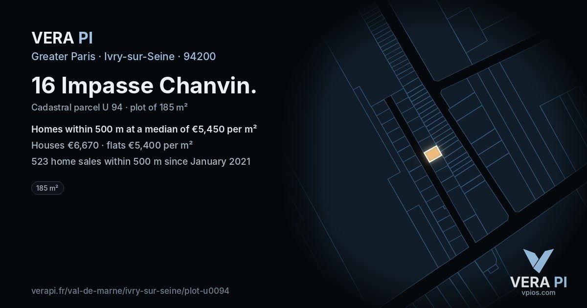 16 Impasse Chanvin, Ivry-sur-Seine at night – the plot lit, the parcels around coloured by the prices near them