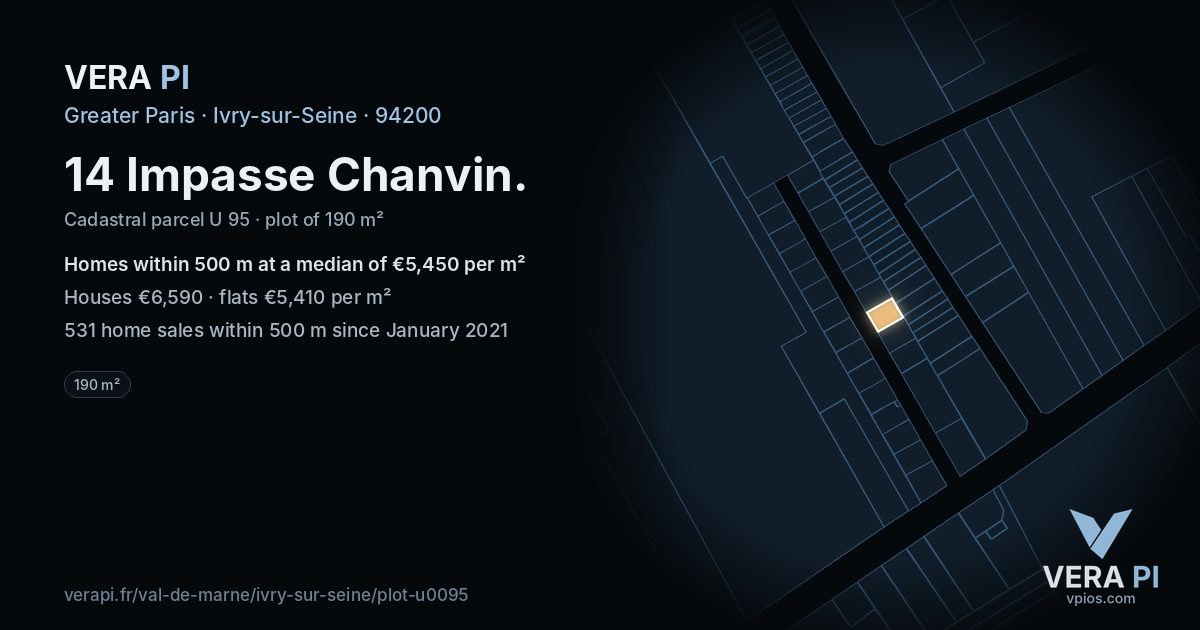 14 Impasse Chanvin, Ivry-sur-Seine at night – the plot lit, the parcels around coloured by the prices near them