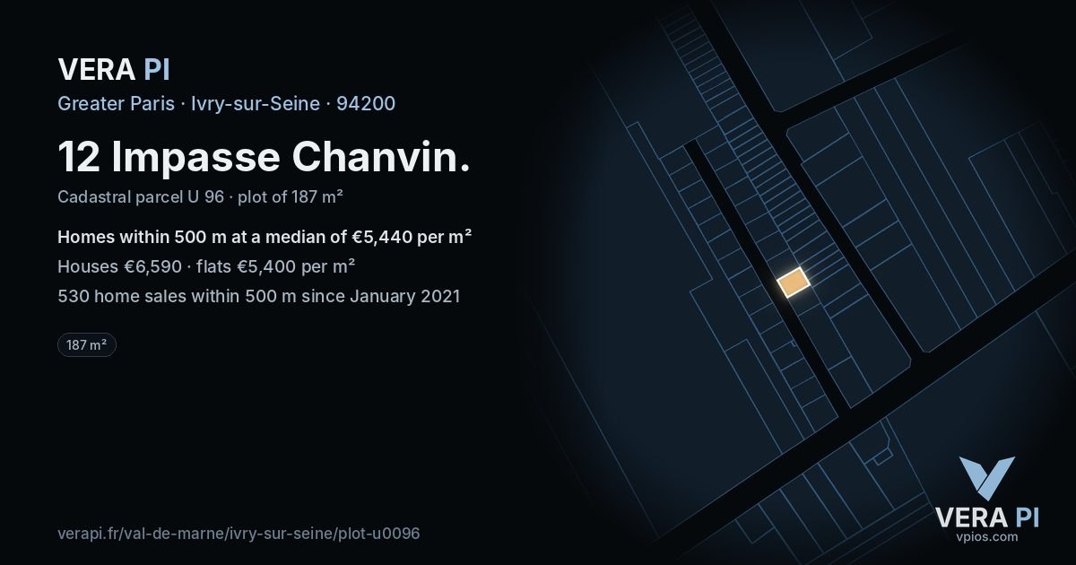 12 Impasse Chanvin, Ivry-sur-Seine at night – the plot lit, the parcels around coloured by the prices near them