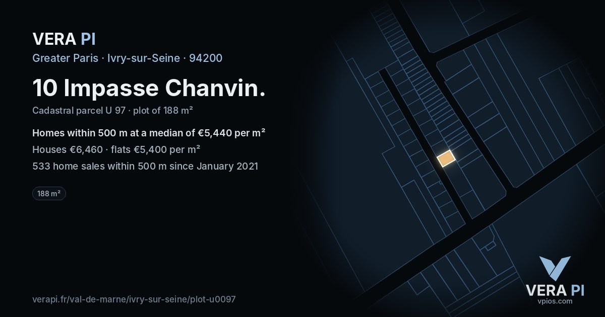 10 Impasse Chanvin, Ivry-sur-Seine at night – the plot lit, the parcels around coloured by the prices near them
