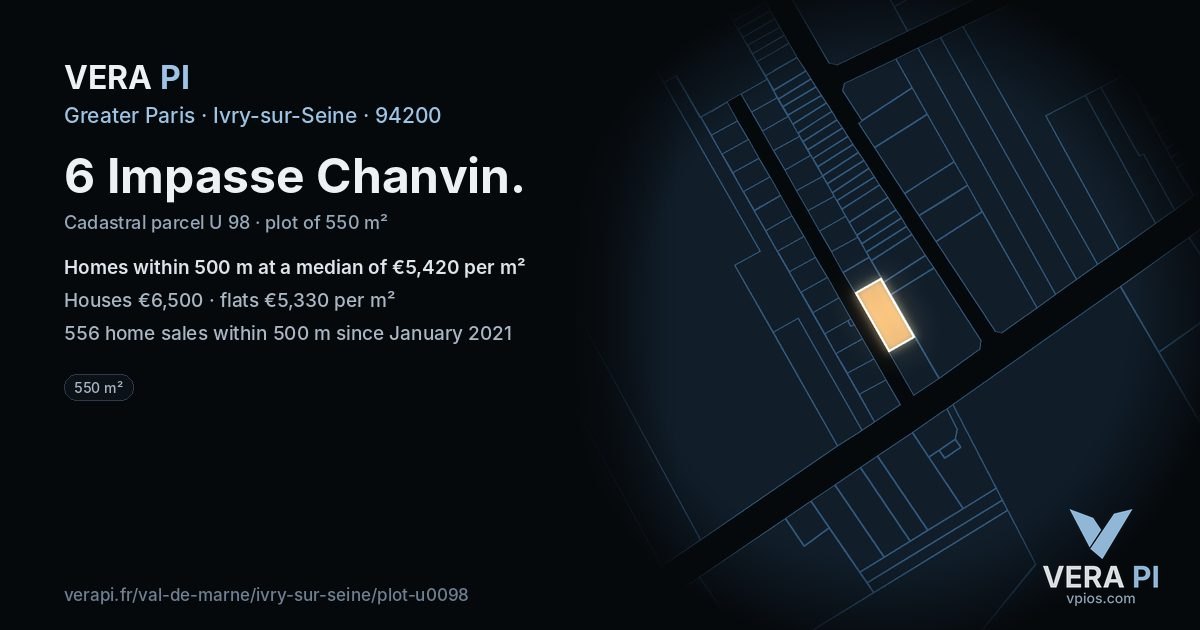 6 Impasse Chanvin, Ivry-sur-Seine at night – the plot lit, the parcels around coloured by the prices near them