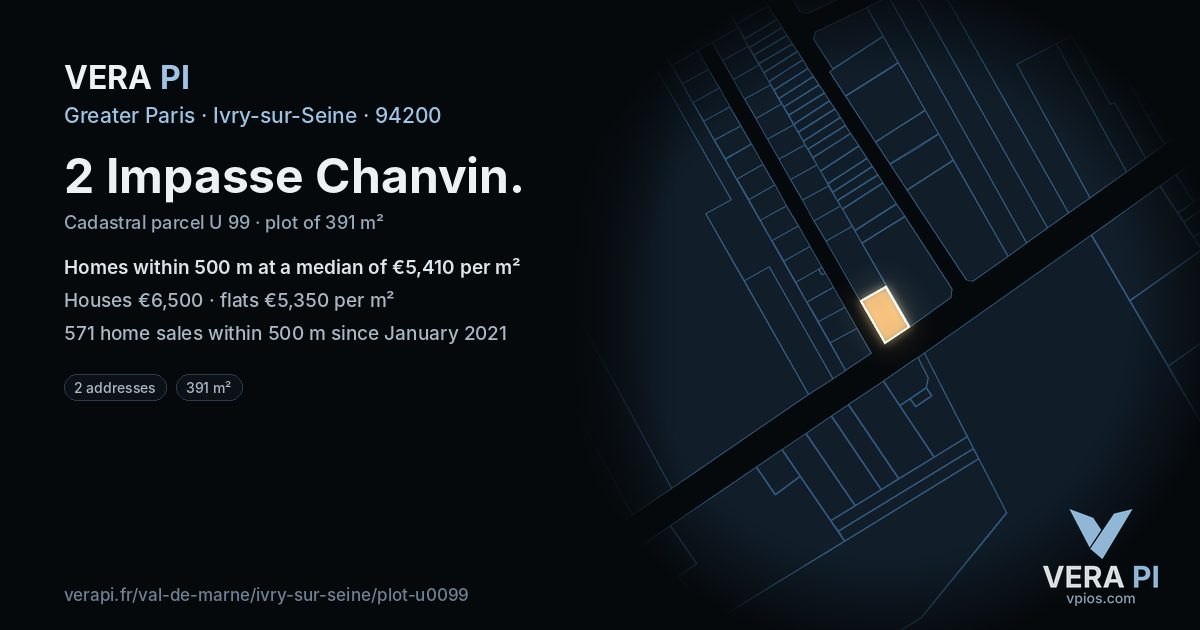 2 Impasse Chanvin, Ivry-sur-Seine at night – the plot lit, the parcels around coloured by the prices near them