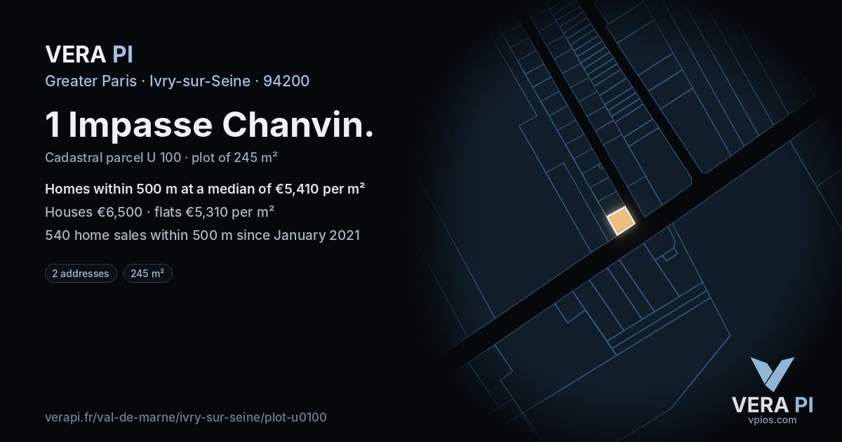 1 Impasse Chanvin, Ivry-sur-Seine at night – the plot lit, the parcels around coloured by the prices near them