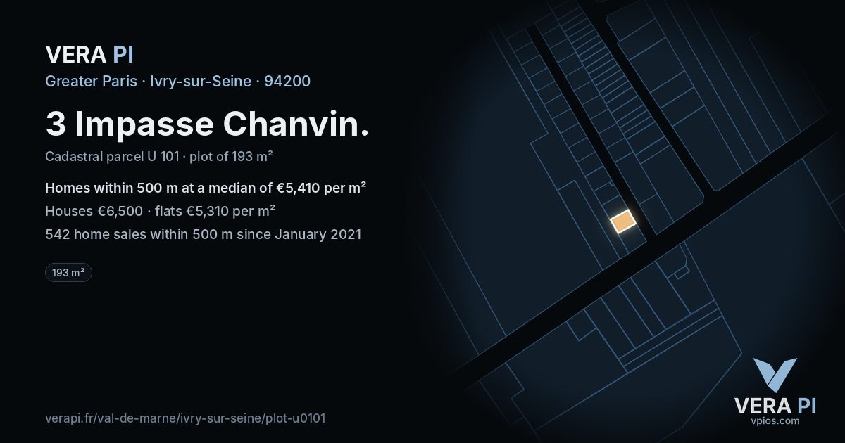 3 Impasse Chanvin, Ivry-sur-Seine at night – the plot lit, the parcels around coloured by the prices near them