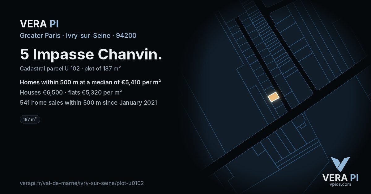 5 Impasse Chanvin, Ivry-sur-Seine at night – the plot lit, the parcels around coloured by the prices near them
