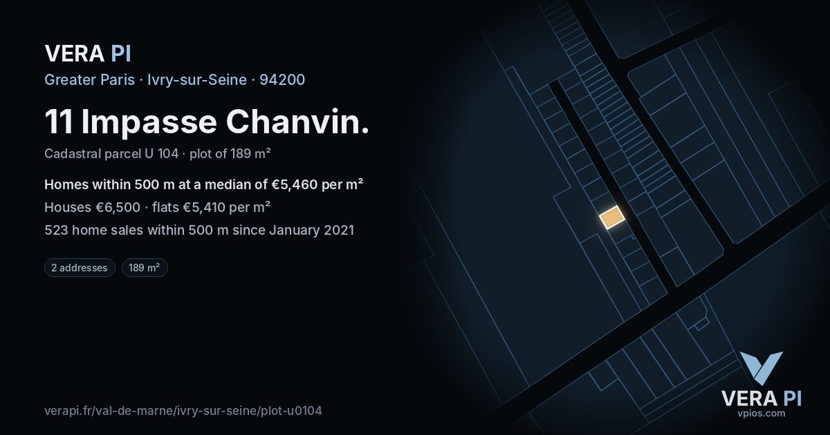 11 Impasse Chanvin, Ivry-sur-Seine at night – the plot lit, the parcels around coloured by the prices near them