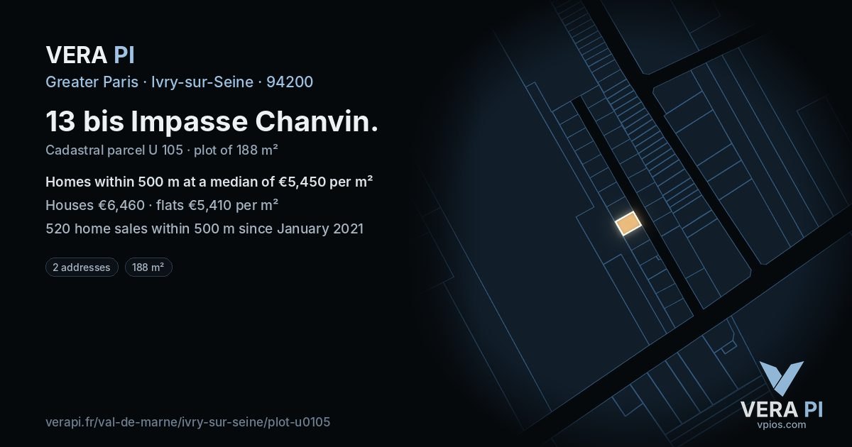 13 bis Impasse Chanvin, Ivry-sur-Seine at night – the plot lit, the parcels around coloured by the prices near them