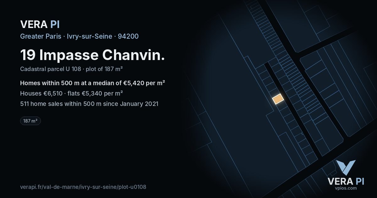 19 Impasse Chanvin, Ivry-sur-Seine at night – the plot lit, the parcels around coloured by the prices near them