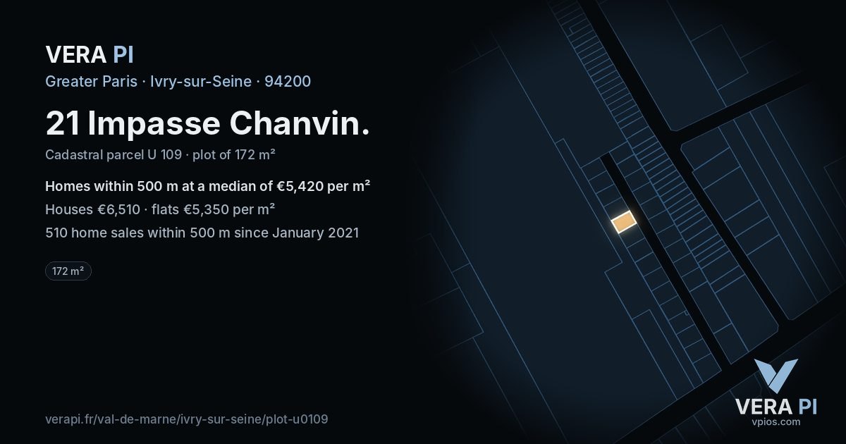 21 Impasse Chanvin, Ivry-sur-Seine at night – the plot lit, the parcels around coloured by the prices near them