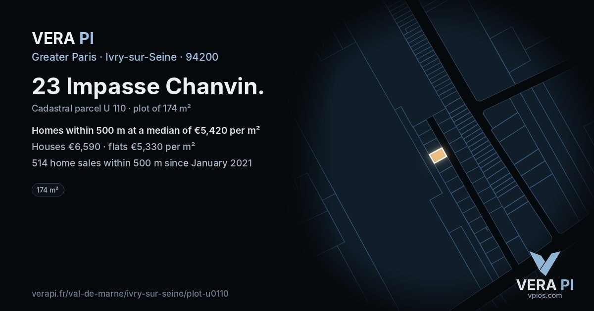 23 Impasse Chanvin, Ivry-sur-Seine at night – the plot lit, the parcels around coloured by the prices near them