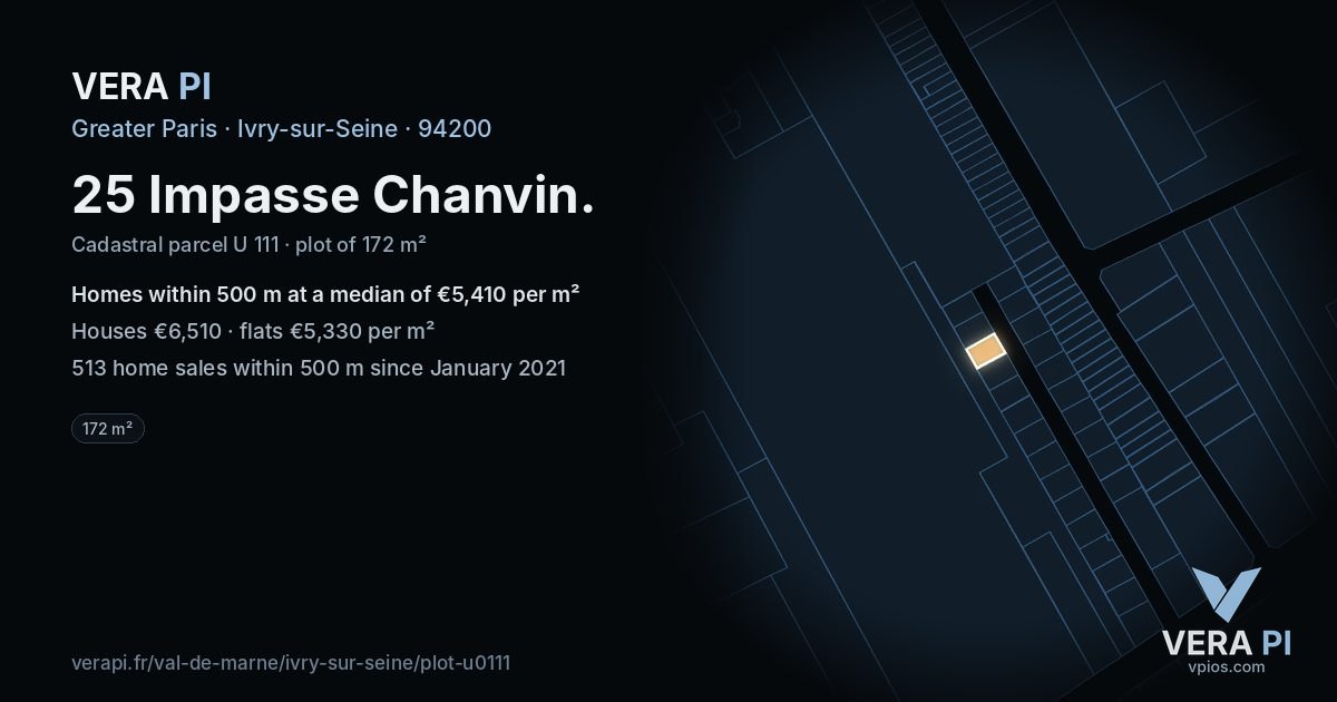 25 Impasse Chanvin, Ivry-sur-Seine at night – the plot lit, the parcels around coloured by the prices near them