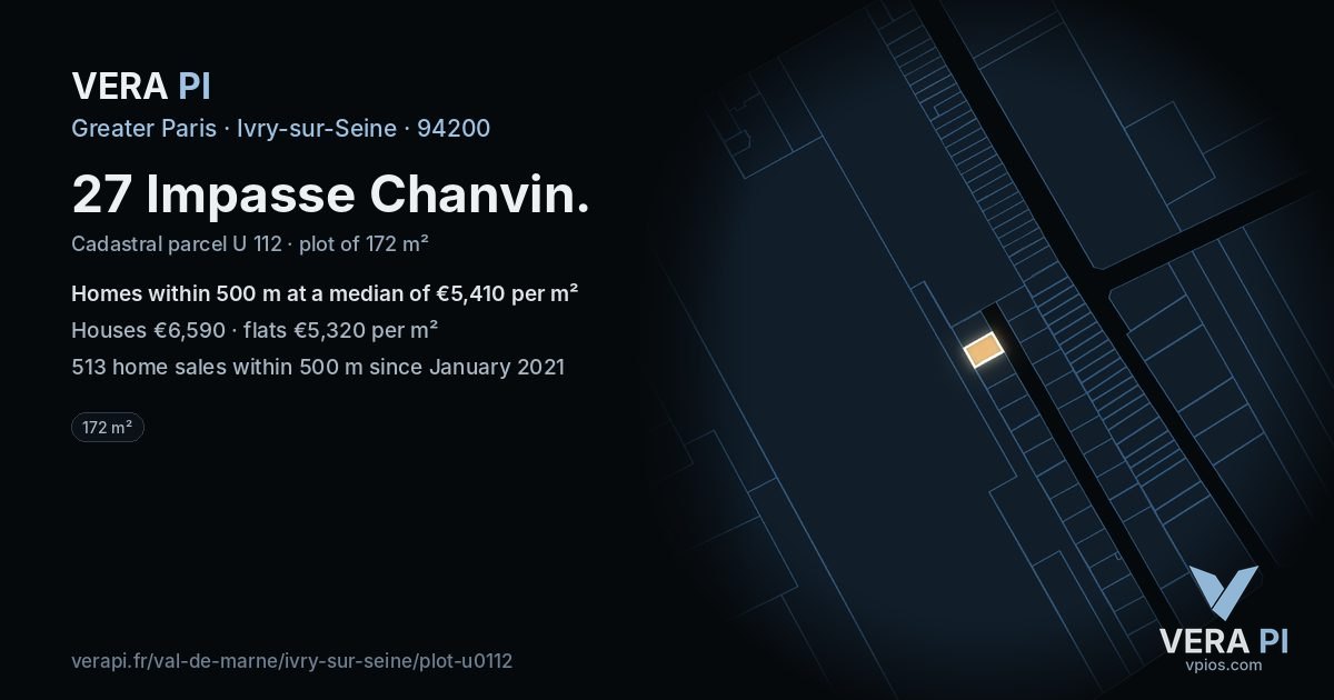 27 Impasse Chanvin, Ivry-sur-Seine at night – the plot lit, the parcels around coloured by the prices near them