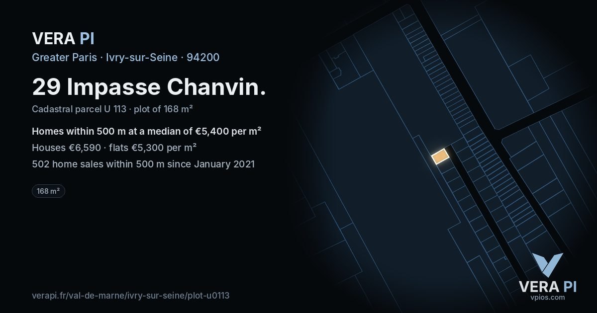 29 Impasse Chanvin, Ivry-sur-Seine at night – the plot lit, the parcels around coloured by the prices near them